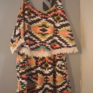 Aztec-Print Lace-Trim Romper in Multicolor